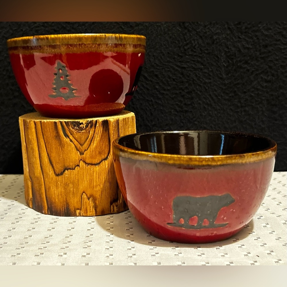 Woodland Home Studio Small Bowl Stoneware Glazed Inlaid Trees Bears Burgundy